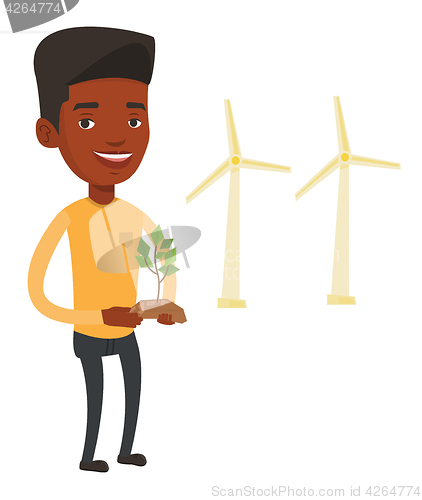 Image of Man holding green small plant vector illustration.