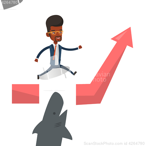 Image of Business man jumping over ocean with shark.