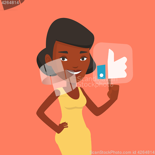 Image of Woman pressing like button vector illustration.