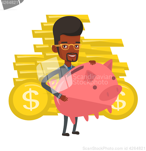 Image of Businessman holding a big piggy bank.