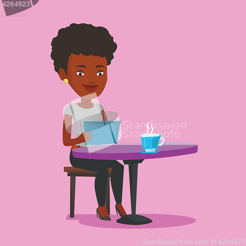 Image of Woman surfing in the social network in cafe.