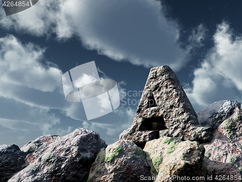 Image of letter a rock under blue sky - 3d illustration