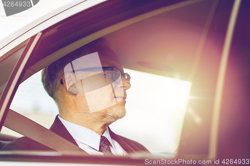 Image of senior businessman driving on car back seat