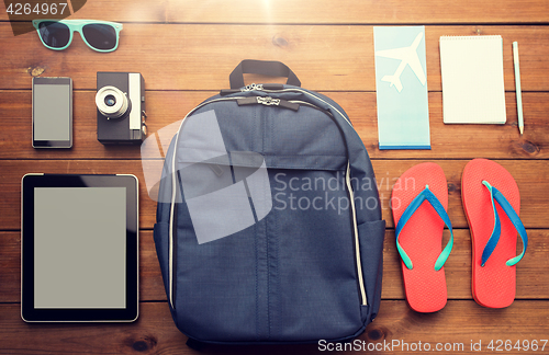 Image of close up of smartphone and travel stuff