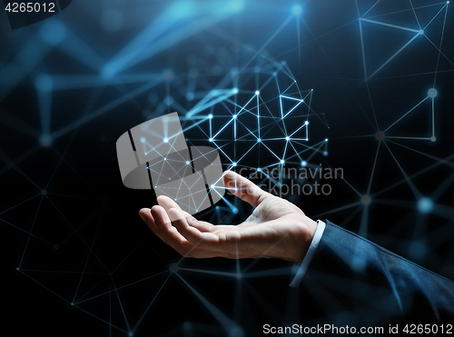 Image of businessman hand with virtual network projection