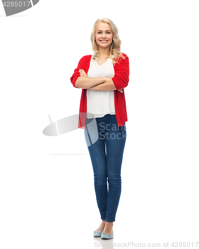 Image of happy smiling young woman in red cardigan