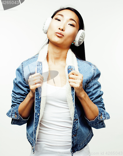 Image of young pretty long hair asian woman happy smiling emotional posing isolated on white background, lifestyle people concept