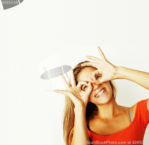 Image of young pretty stylish hipster girl posing emotional isolated on w