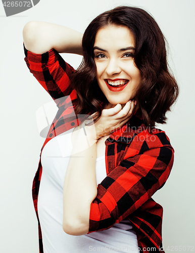 Image of young pretty stylish hipster girl posing emotional isolated on white background happy smiling cool smile, lifestyle people concept close up