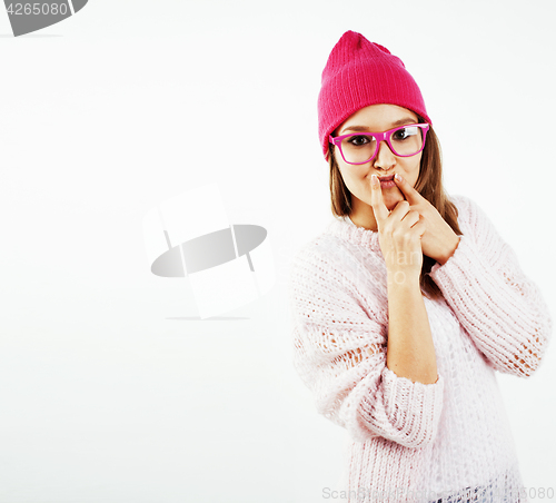 Image of young pretty stylish hipster girl posing emotional isolated on white background happy smiling cool smile, lifestyle people concept close up