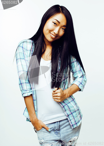 Image of young pretty long hair asian woman happy smiling emotional posing isolated on white background, lifestyle people concept