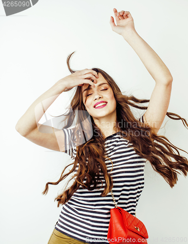 Image of young pretty stylish hipster girl posing emotional isolated on white background happy smiling cool smile, lifestyle people concept close up