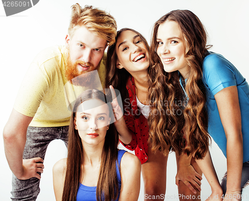 Image of company of hipster guys, bearded red hair boy and girls students having fun together friends, diverse fashion style, lifestyle people concept isolated on white background