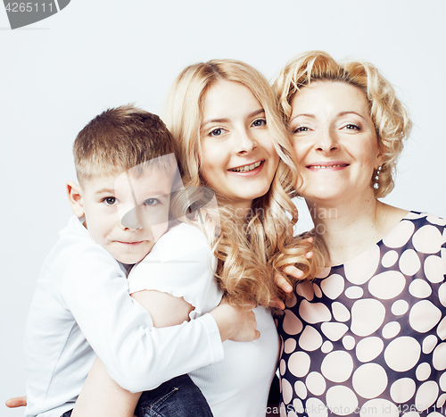 Image of happy smiling family together posing cheerful on white background, lifestyle people concept, mother with son and teenage daughter isolated 