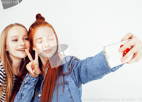 Image of best friends teenage girls together having fun, posing emotional on white background, besties happy smiling, lifestyle people concept 