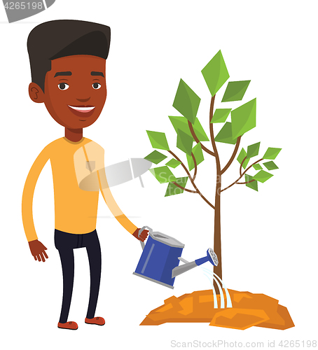 Image of Businessman watering trees vector illustration.