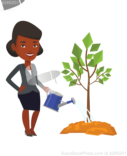Image of Woman watering tree vector illustration.