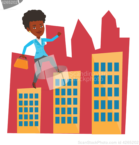 Image of Businesswoman walking on roofs of the buildings.