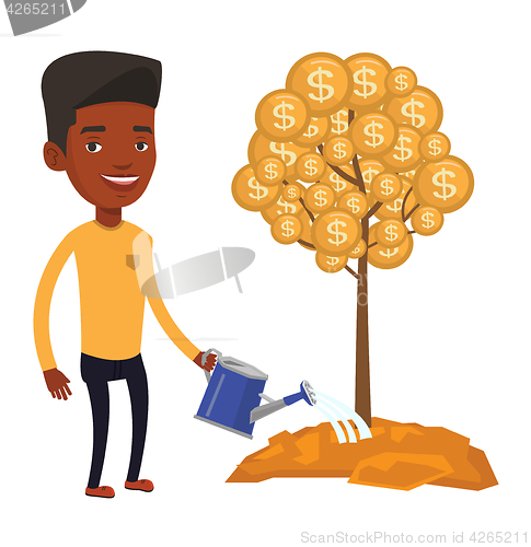 Image of Man watering money tree vector illustration.
