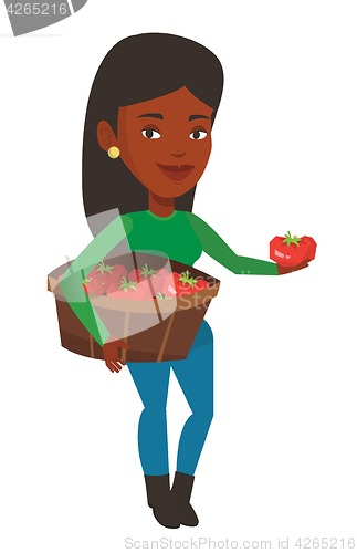 Image of Farmer collecting tomatos vector illustration.