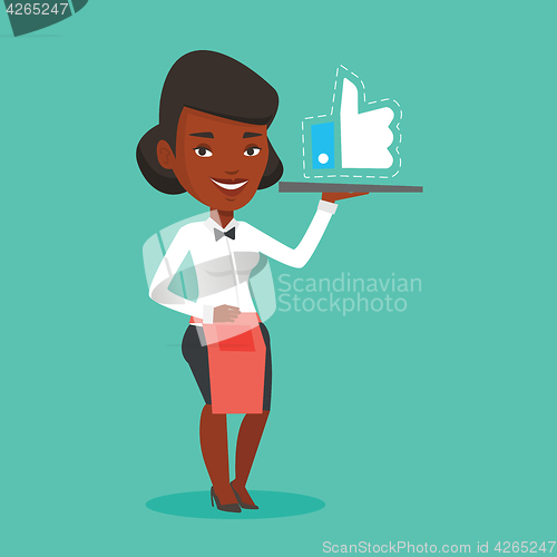 Image of Waitress with like button vector illustration.