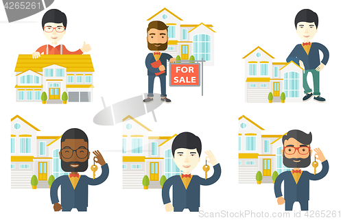 Image of Vector set of real estate agents and house owners.