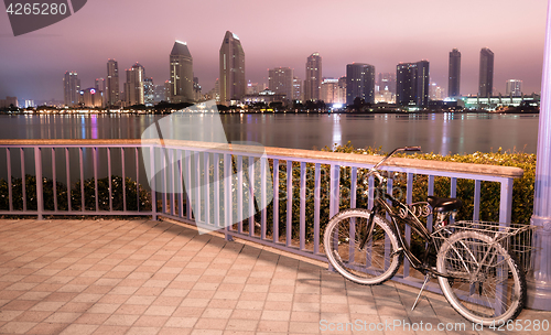 Image of A bike is locked to the fence in Coronado with San Diego in the 