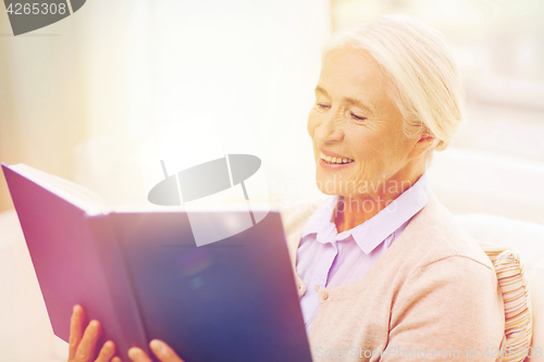 Image of happy smiling senior woman reading book at home