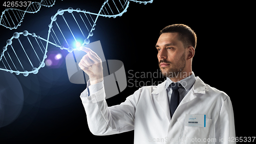 Image of doctor or scientist in white coat with dna