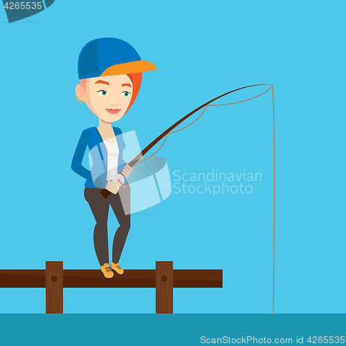 Image of Woman fishing on jetty vector illustration.