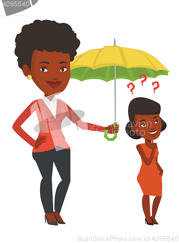Image of Businesswoman holding umbrella over young man.