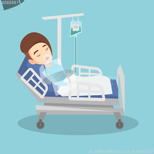 Image of Patient lying in hospital bed with oxygen mask.