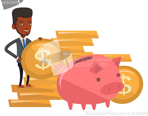 Image of Businessman putting coin in piggy bank.