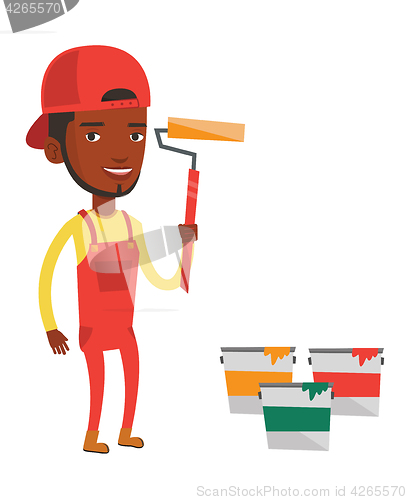 Image of Painter holding paint roller vector illustration.