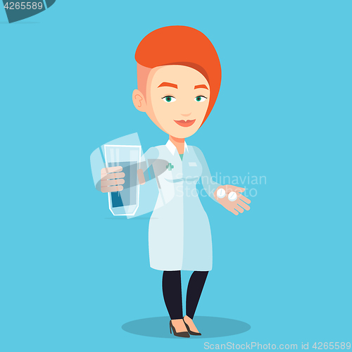 Image of Pharmacist giving pills and glass of water.