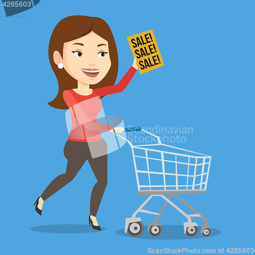 Image of Woman running in hurry to the store on sale.