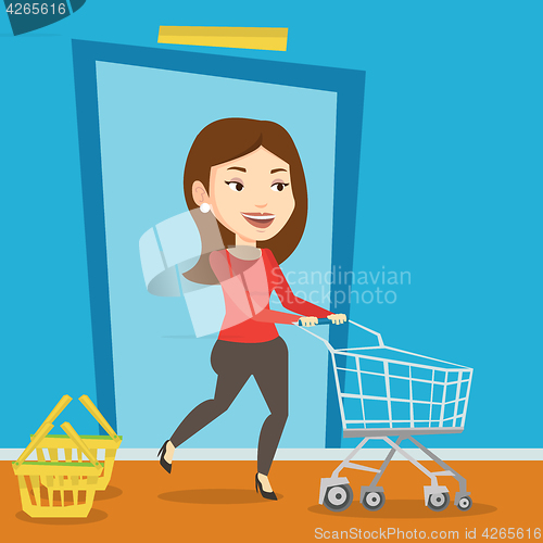 Image of Customer running into the shop with trolley.