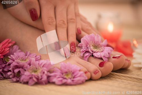 Image of female feet and hands at spa salon