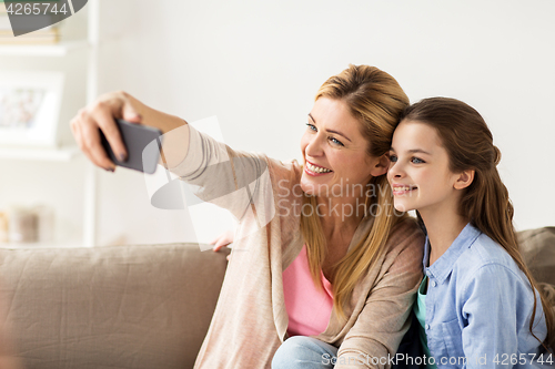 Image of happy family taking selfie by smartphone at home