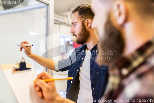 Image of men writing to clipboard and whiteboard at office