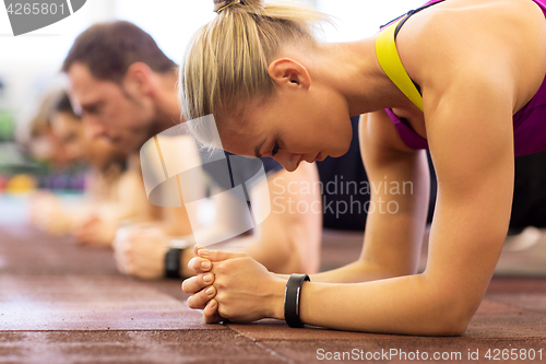 Image of close up of woman at training doing plank in gym