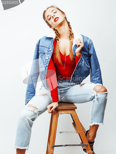 Image of young pretty blond teenage girl emotional posing, happy smiling isolated on white background, lifestyle people concept 