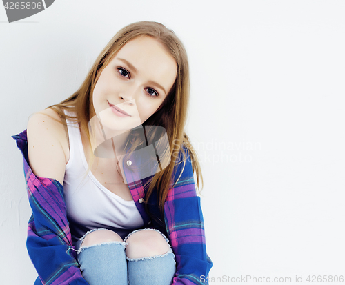 Image of young pretty blond teenage girl emotional posing, happy smiling isolated on white background, lifestyle people concept 