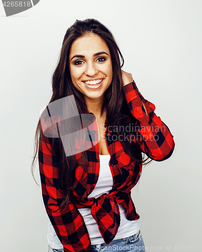 Image of young happy smiling latin american teenage girl emotional posing on white background, lifestyle people concept