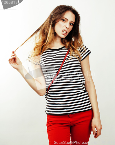 Image of young pretty stylish hipster girl posing emotional isolated on white background happy smiling cool smile, lifestyle people concept close up