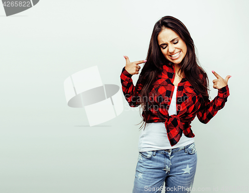 Image of young happy smiling latin american teenage girl emotional posing on white background, lifestyle people concept