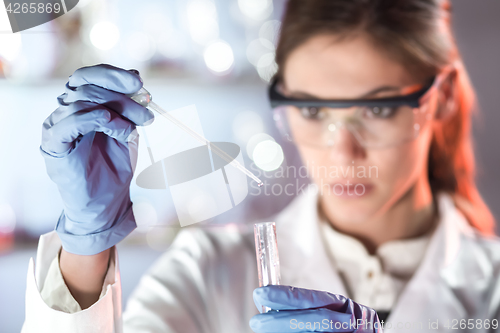 Image of Young scientist pipetting in life science laboratory.