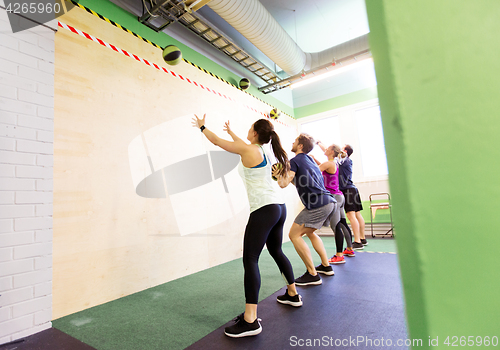 Image of group of people with medicine ball training in gym