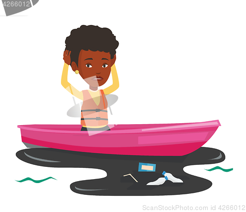 Image of Woman floating in a boat in polluted water.