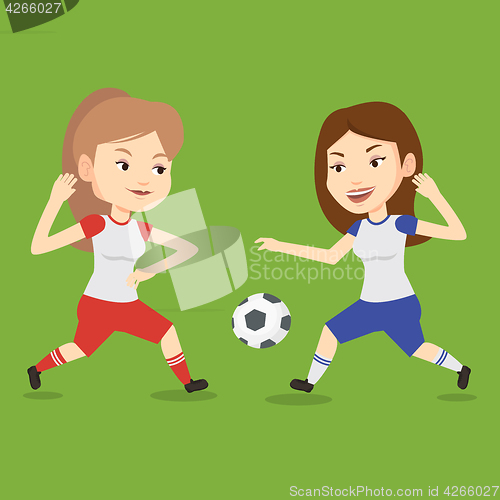 Image of Two female soccer players fighting for ball.